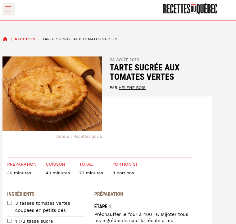 Tarte sucrée aux tomates vertes